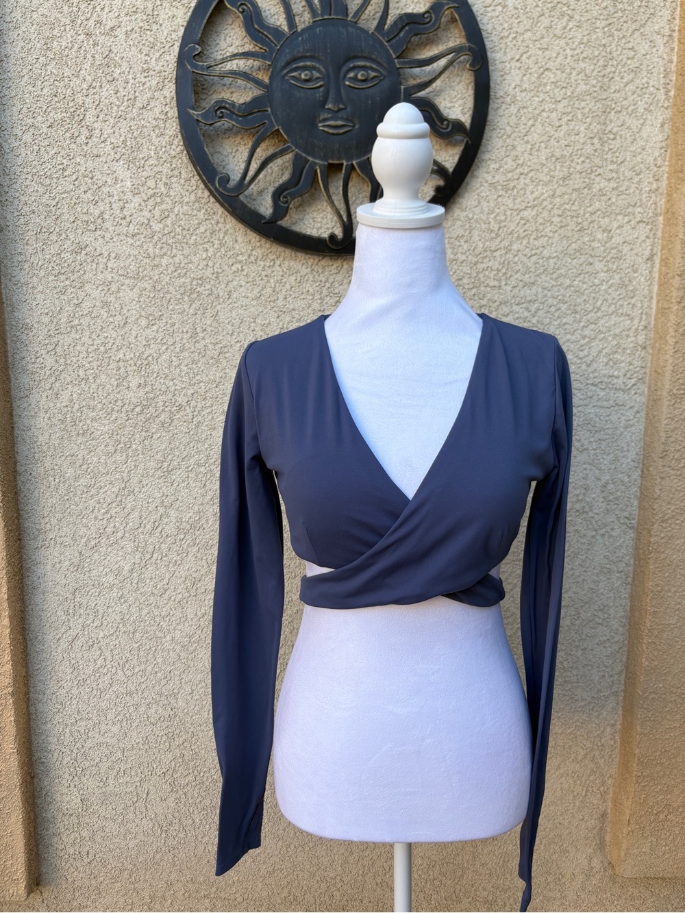 Fashion Nova Navy Blue Long Sleeve Wrap Crop Top V Neck Athleisure Activewear